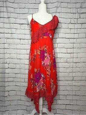 Anthropologie Maeve Grecia Ruffle Floral Asymmetrical Midi Dress Sz 6 Red Fairy